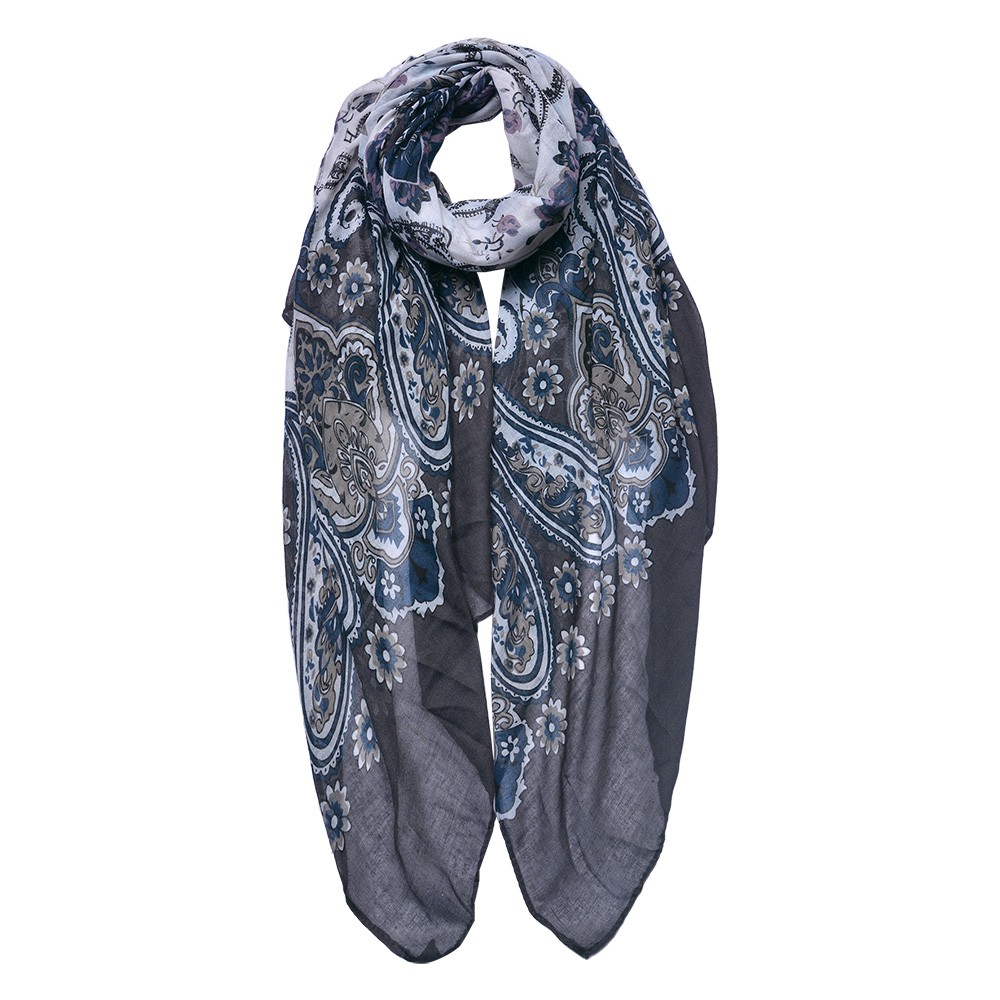Šedo-bílý dámský šátek s květy a ornamenty - 90*180 cm Clayre & Eef