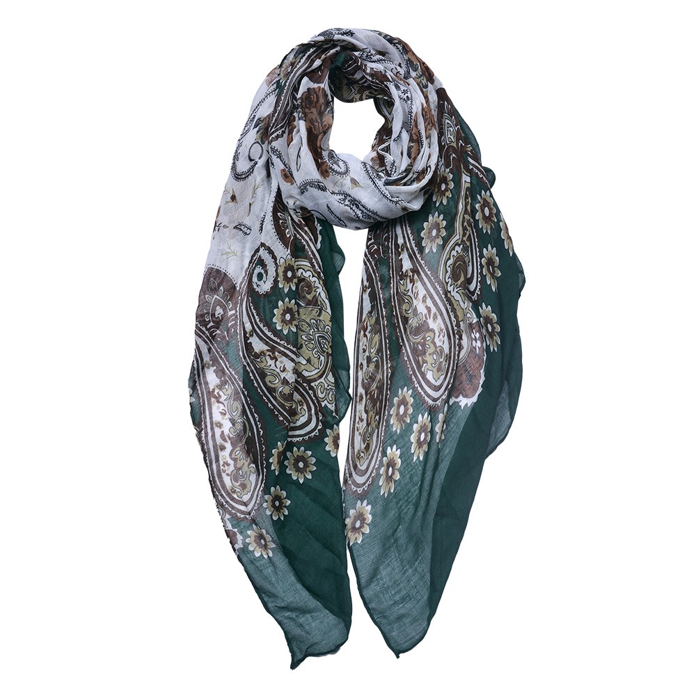 Zeleno-bílý dámský šátek s květy a ornamenty - 90*180 cm Clayre & Eef
