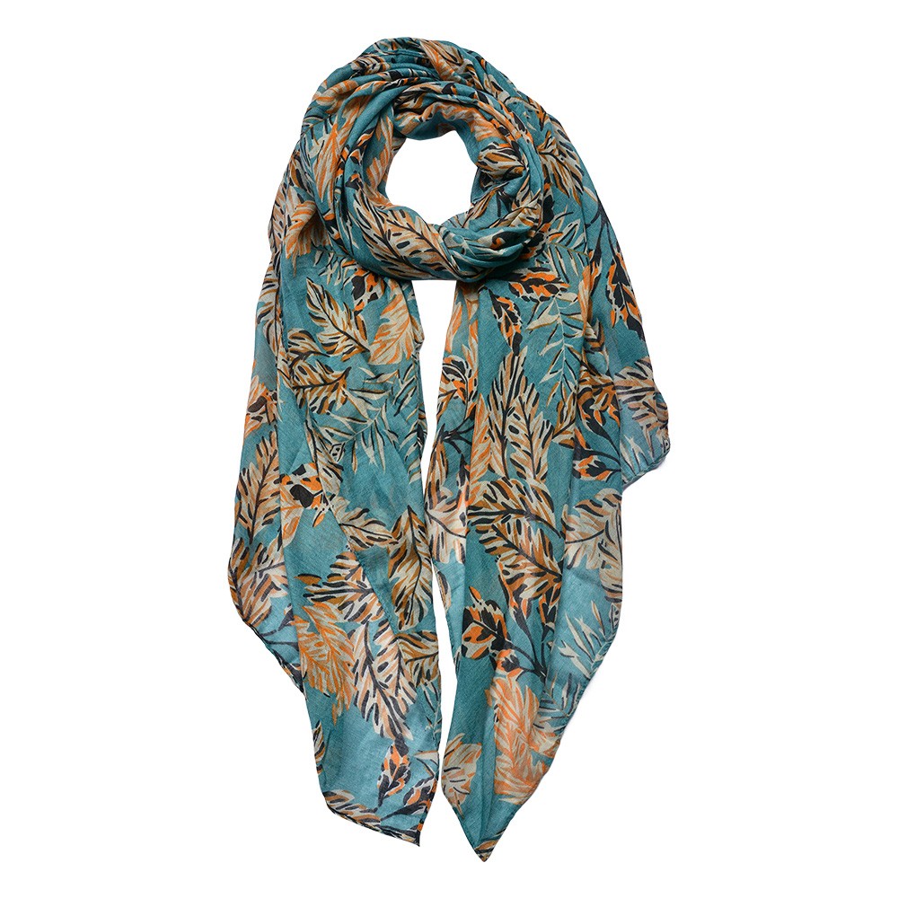 Modrý dámský šátek s barevnými listy - 90*180 cm Clayre & Eef