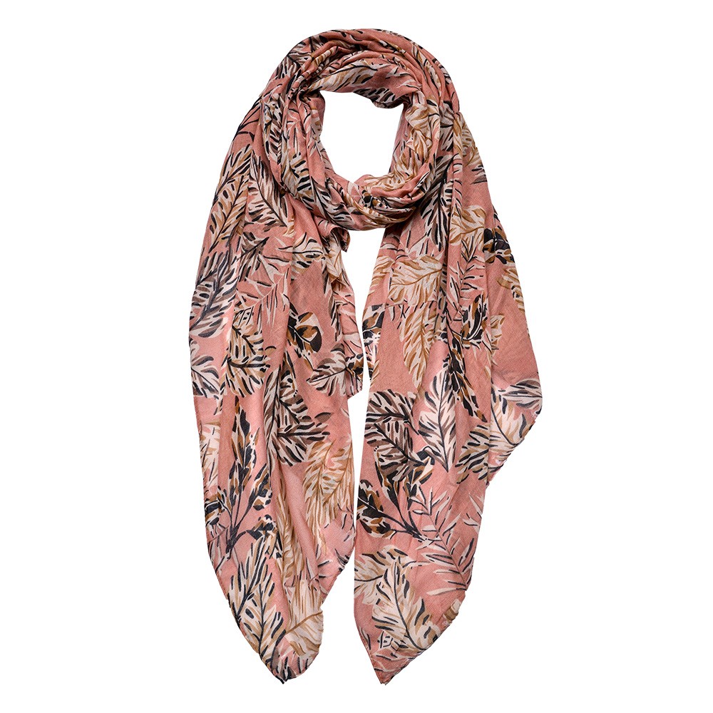 Růžový dámský šátek s béžovo-černými listy - 90*180 cm Clayre & Eef