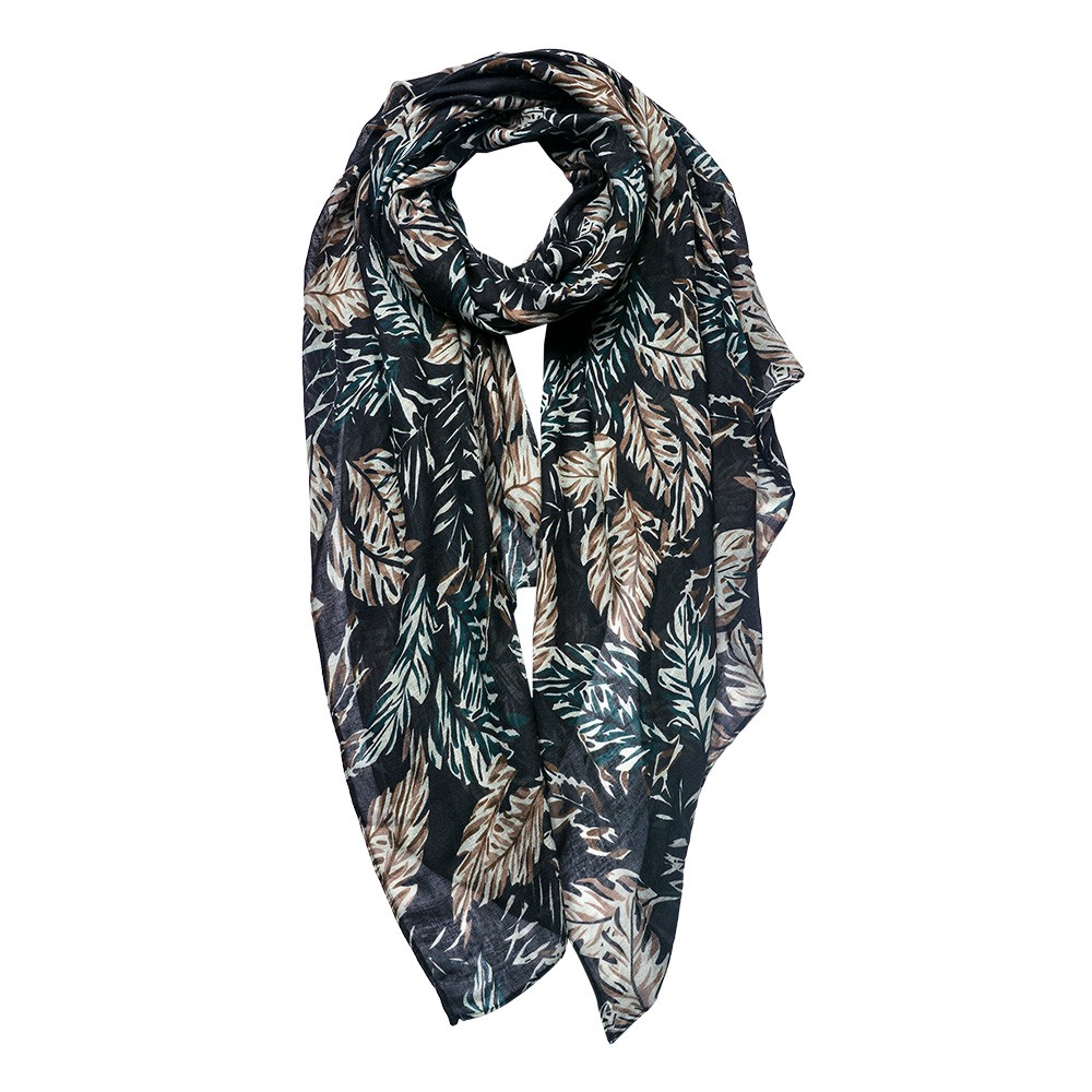 Černý dámský šátek s listy - 90*180 cm Clayre & Eef