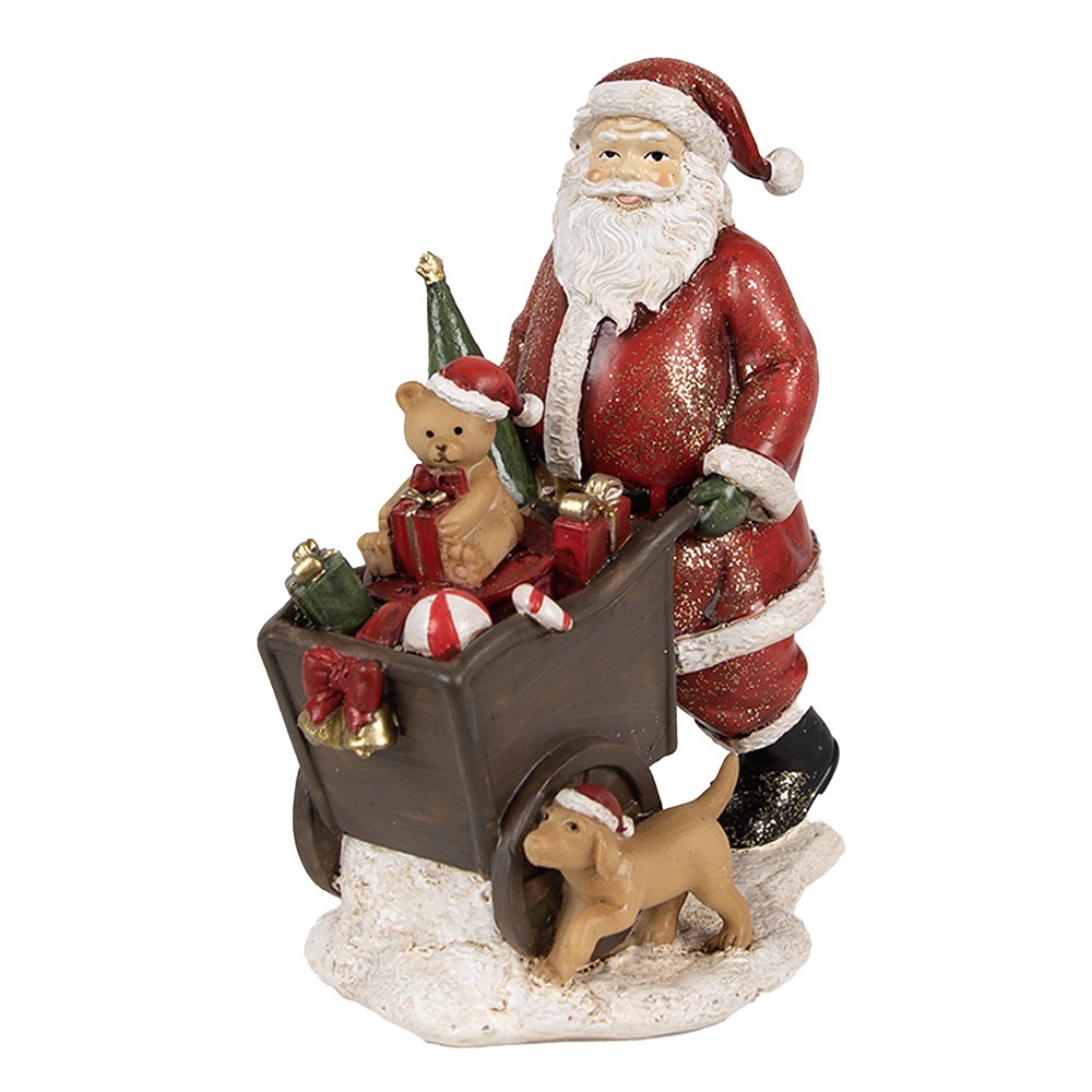 Červená vánoční dekorace socha Santa s vozíkem dárků - 12*8*15 cm Clayre & Eef