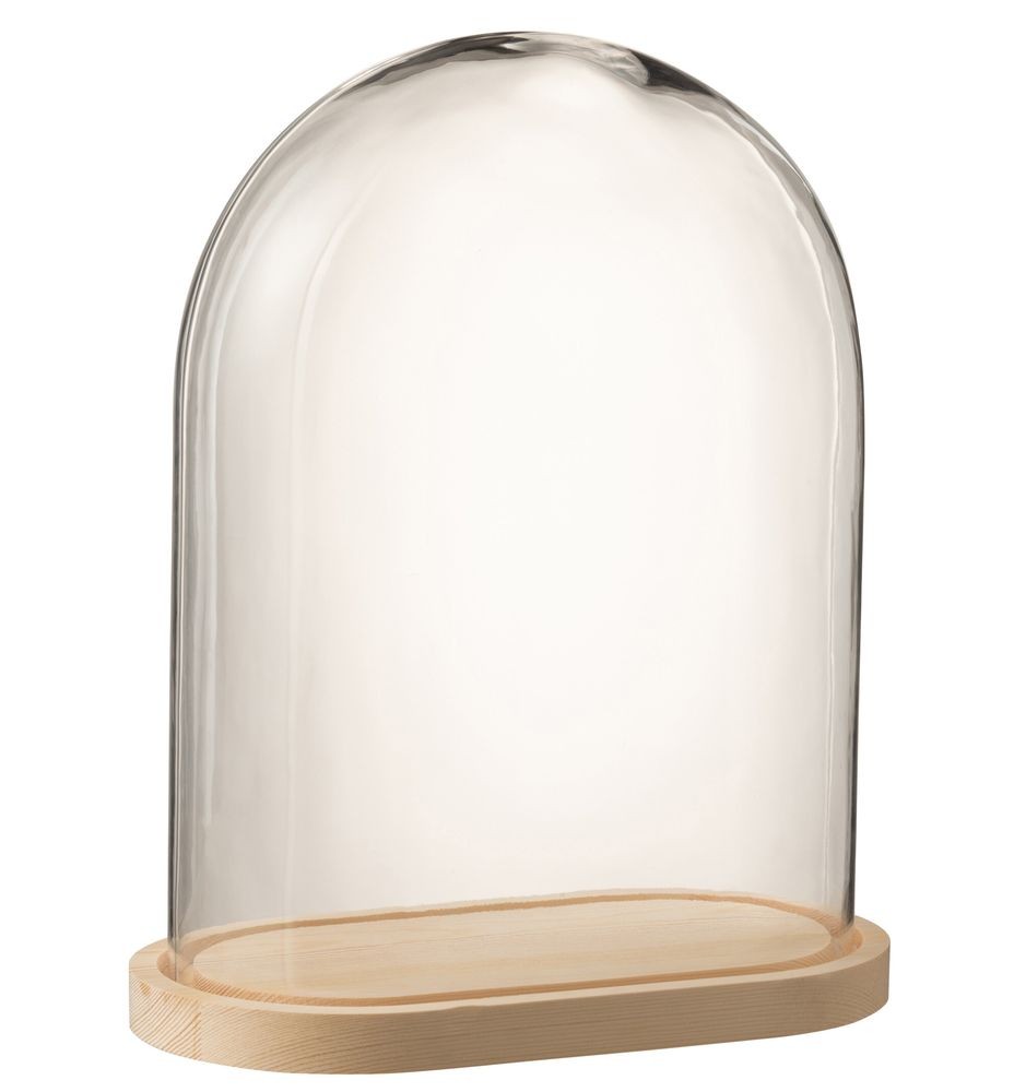 Přírodní dřevěný oválný podnos se skleněným poklopem Bell Jar - 33*19*42 cm J-Line by Jolipa