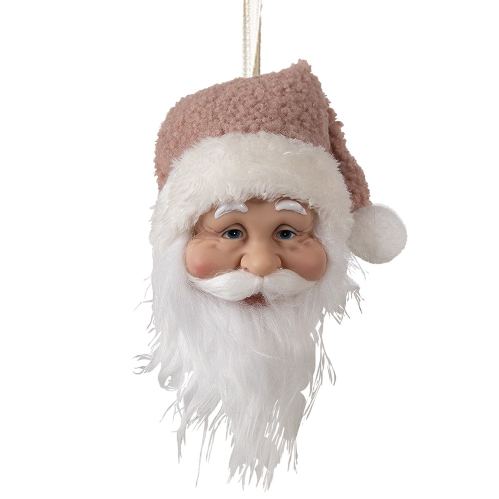 Závěsná dekorace hlava Santa s růžovou čepicí - 10*9*28 cm Clayre & Eef