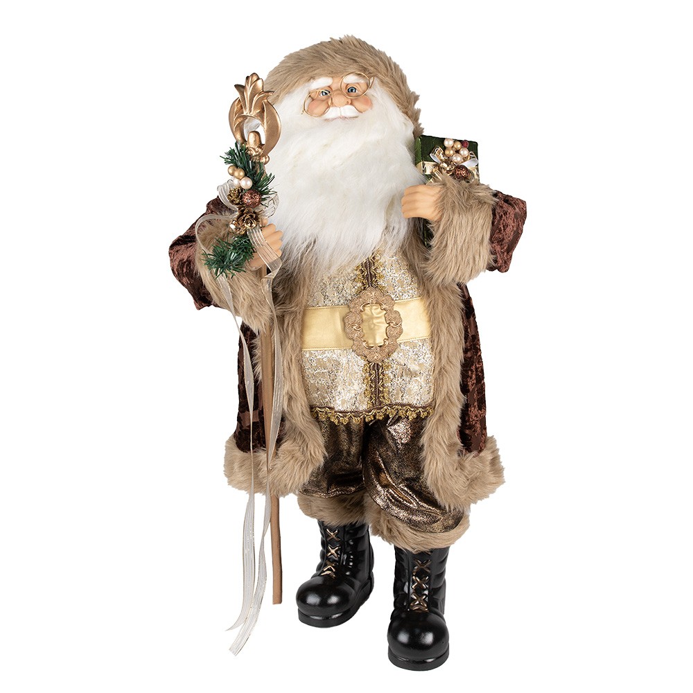 Vánoční dekorace Santa v hnědém kabátě a s holí - 37*29*82 cm Clayre & Eef