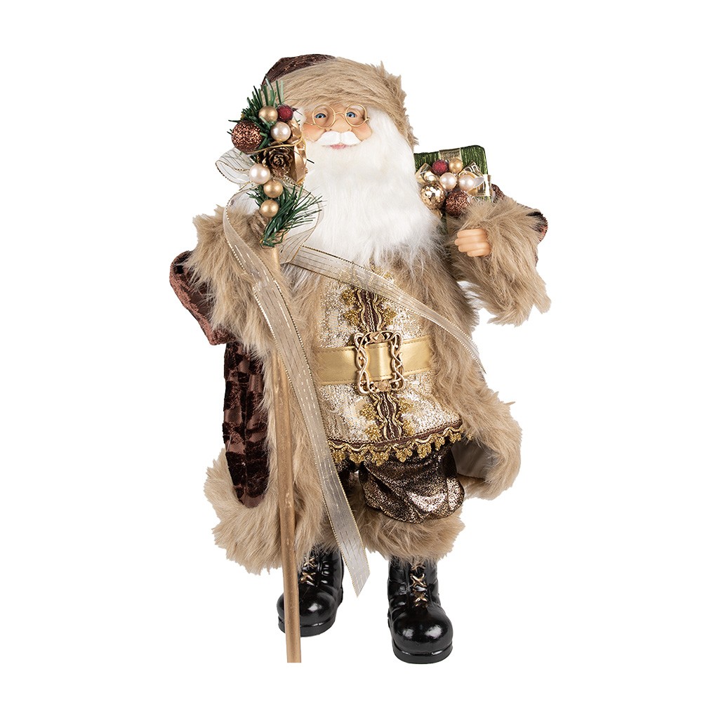 Vánoční dekorace Santa v hnědém kabátě a s holí - 26*16*47 cm Clayre & Eef