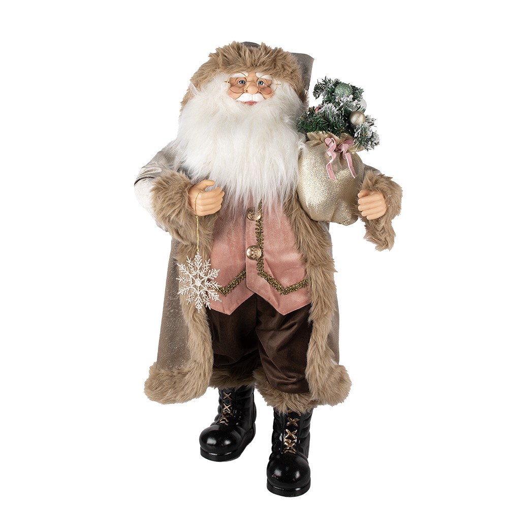 Vánoční dekorace Santa v béžovém kabátě a s vločkou - 37*29*82 cm Clayre & Eef