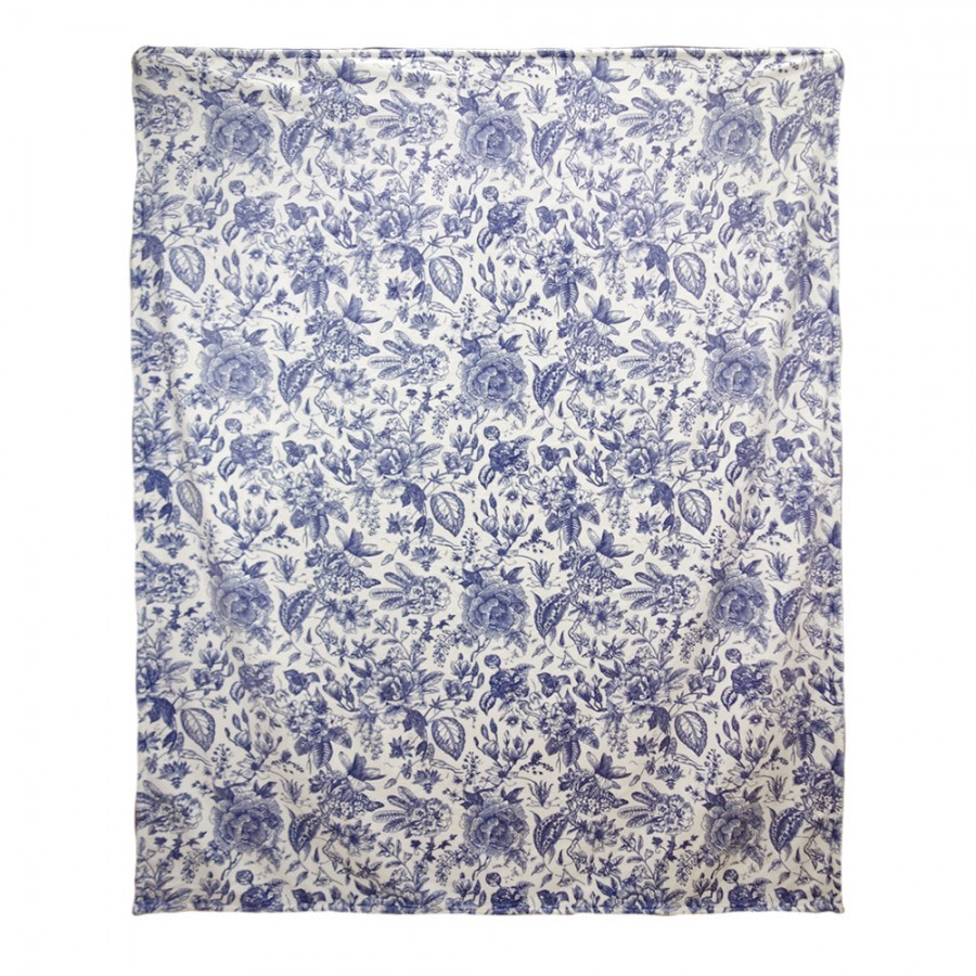 Krémový plyšový pléd s modrými květy - 130*170 cm Clayre & Eef