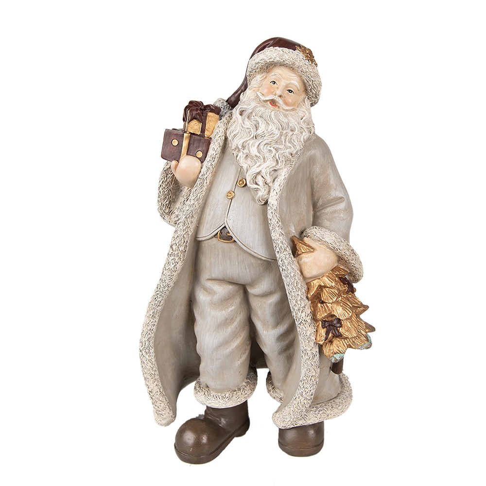 Šedá vánoční dekorace socha Santa s dárky - 15*12*25 cm Clayre & Eef
