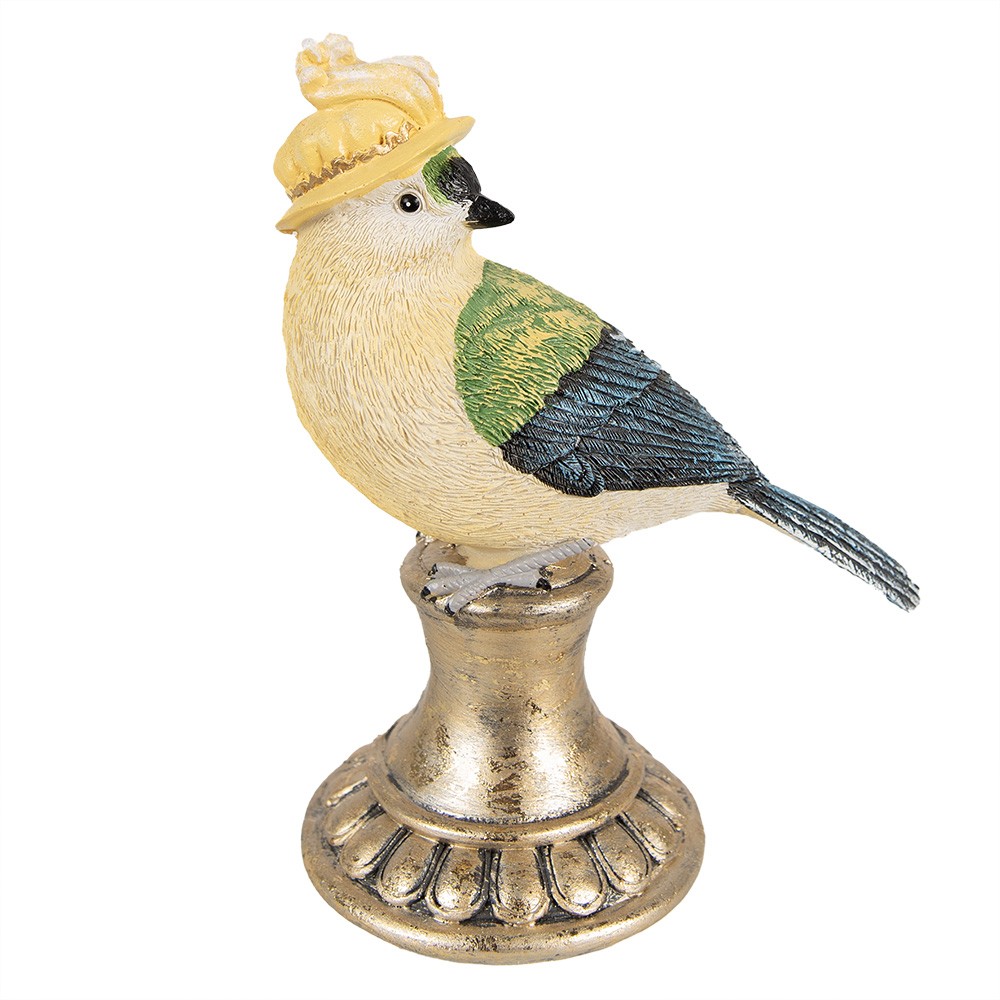 Dekorace socha ptáček s čapkou na podstavci - 8*13*17 cm Clayre & Eef