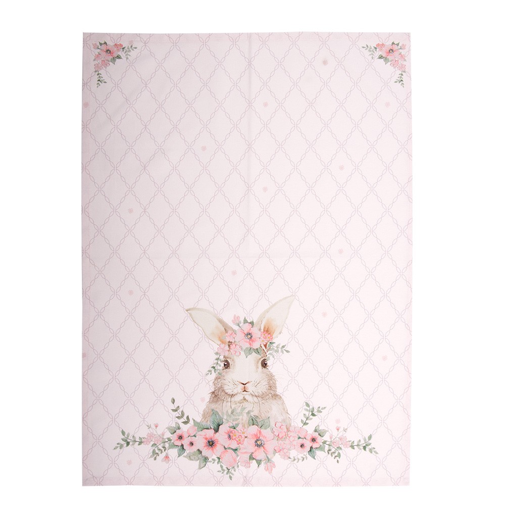 Růžová bavlněná utěrka s králíčkem Floral Easter Bunny - 50*70 cm Clayre & Eef