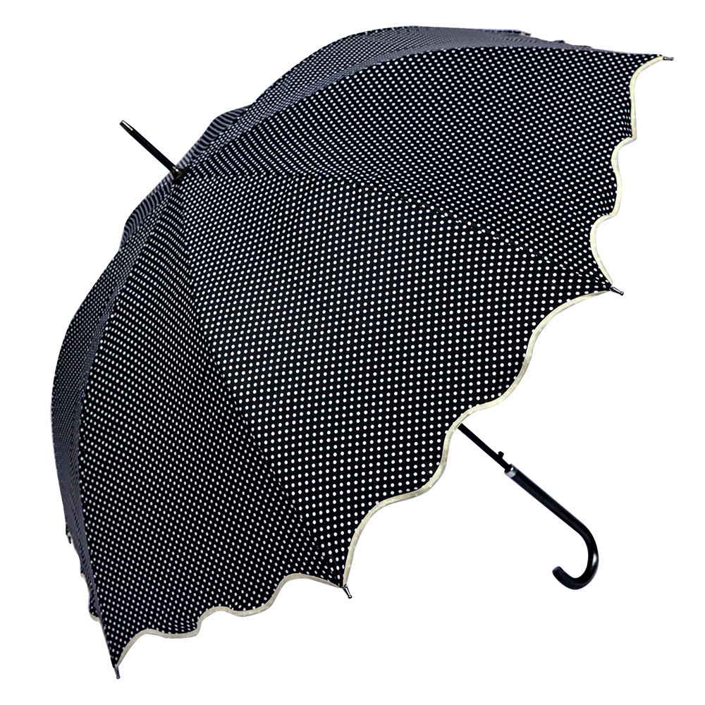 Černý deštník pro dospělé s puntíky a vlnitým okrajem - Ø 98 cm Clayre & Eef