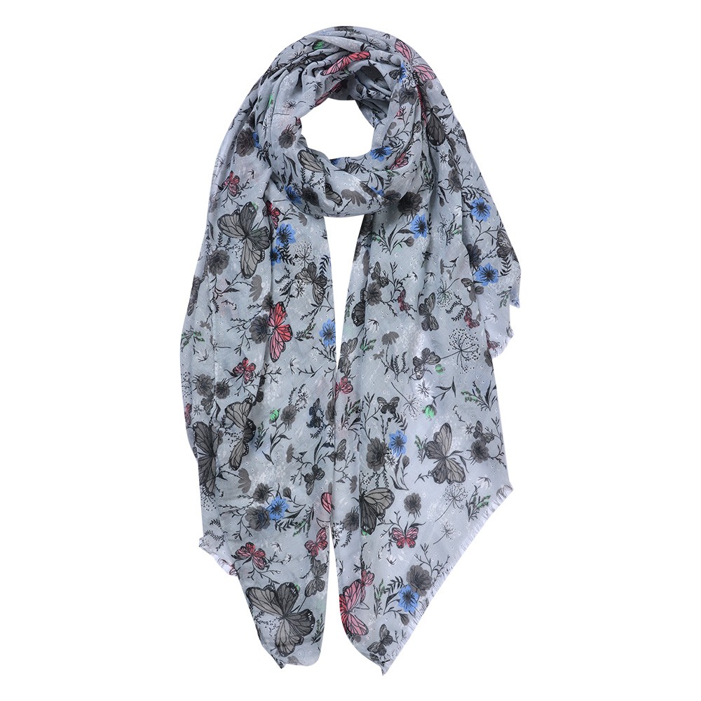 Světle modrý dámský šátek s kytičkami a motýly - 80*180 cm Clayre & Eef
