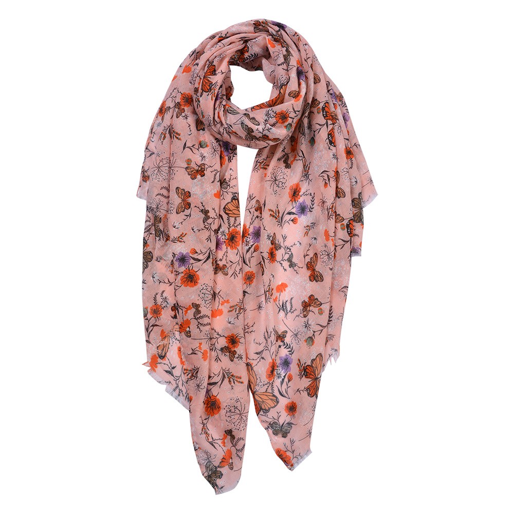 Růžový dámský šátek s kytičkami a motýly - 80*180 cm Clayre & Eef