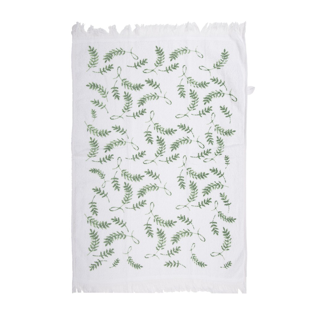 Bílý kuchyňský froté ručník se zelenými listy - 40*66 cm Clayre & Eef