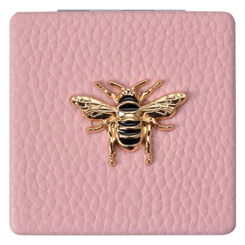 Růžové příruční zrcátko do kabelky se včelkou - 6*6 cm Clayre & Eef