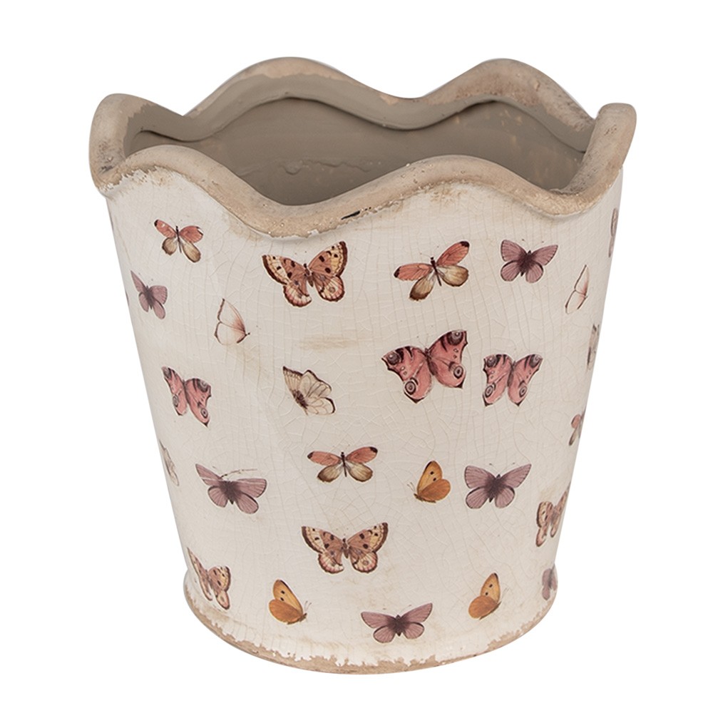 Béžový antik obal na květináč s motýlky Butterfly Paradise L - Ø 19*18 cm Clayre & Eef