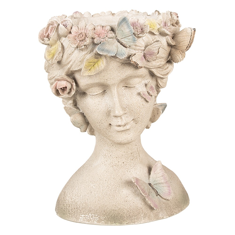 Šedý dekorativní květináč hlava ženy s květy a motýlky - 20*18*26 cm Clayre & Eef
