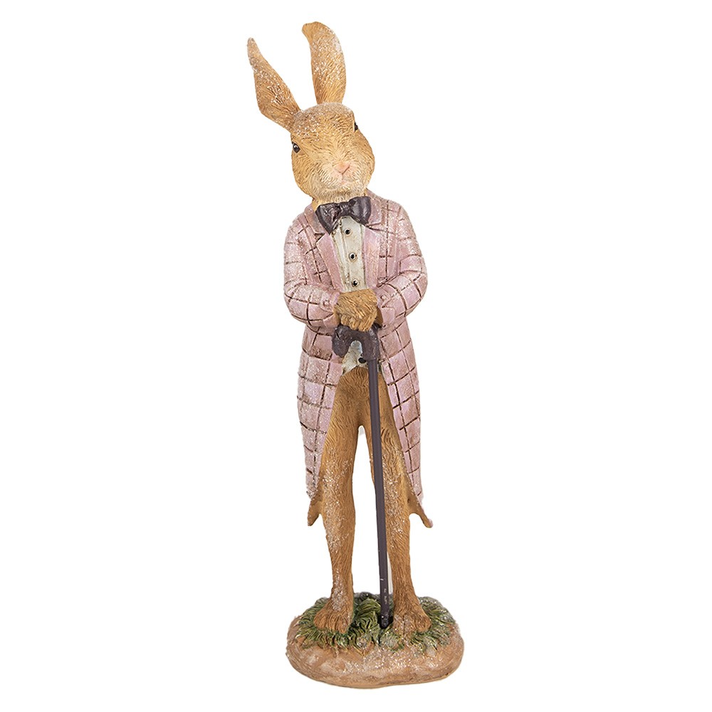 Dekorace králíček v růžovém kabátě s holí - 7*6*21 cm Clayre & Eef