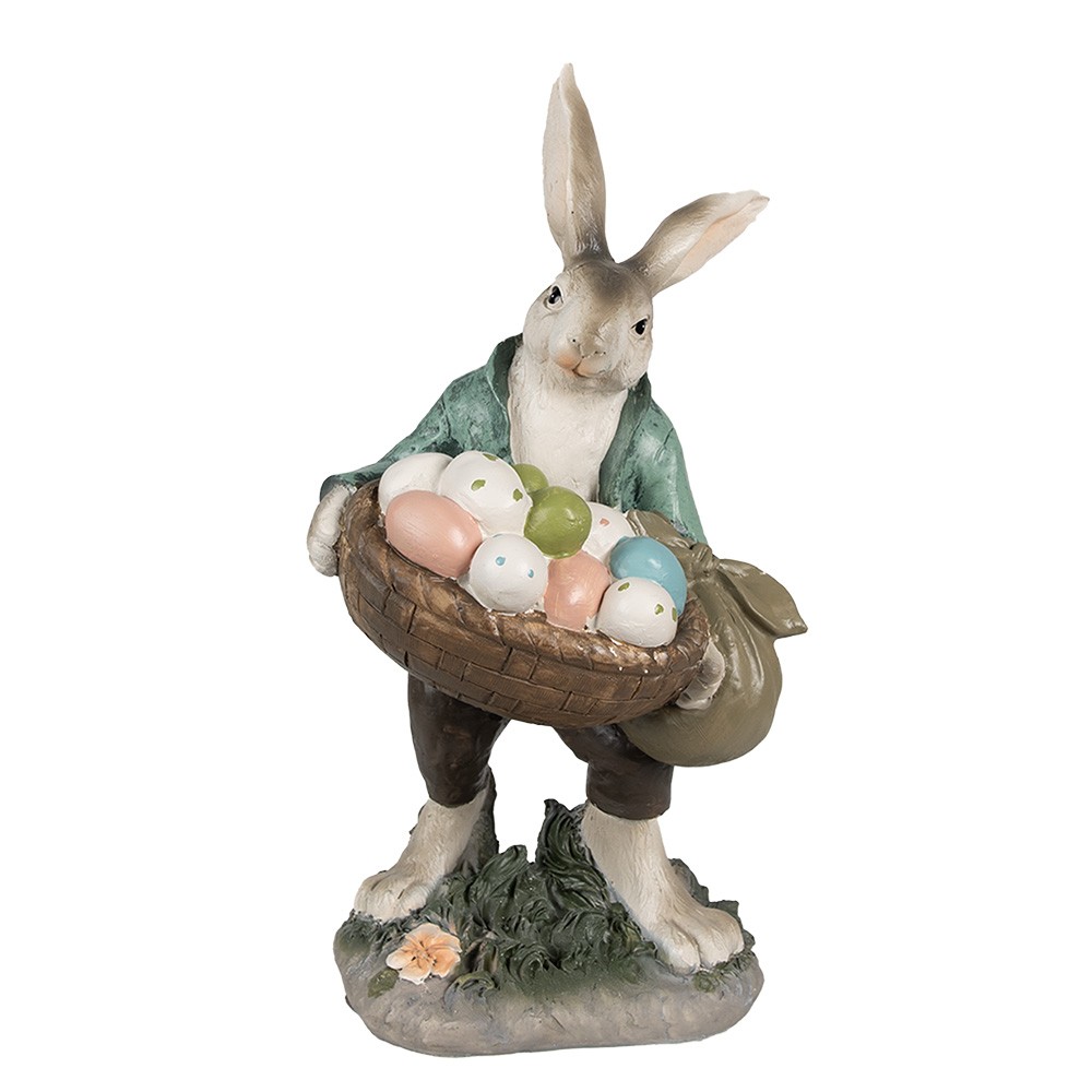 Dekorace králíček v zeleném kabátě s košem vajíček - 18*16*32 cm Clayre & Eef