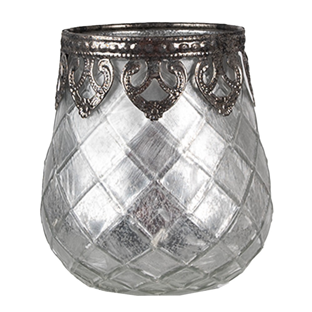 Stříbrno-šedý skleněný svícen na čajovou svíčku - Ø 9*11 cm Clayre & Eef