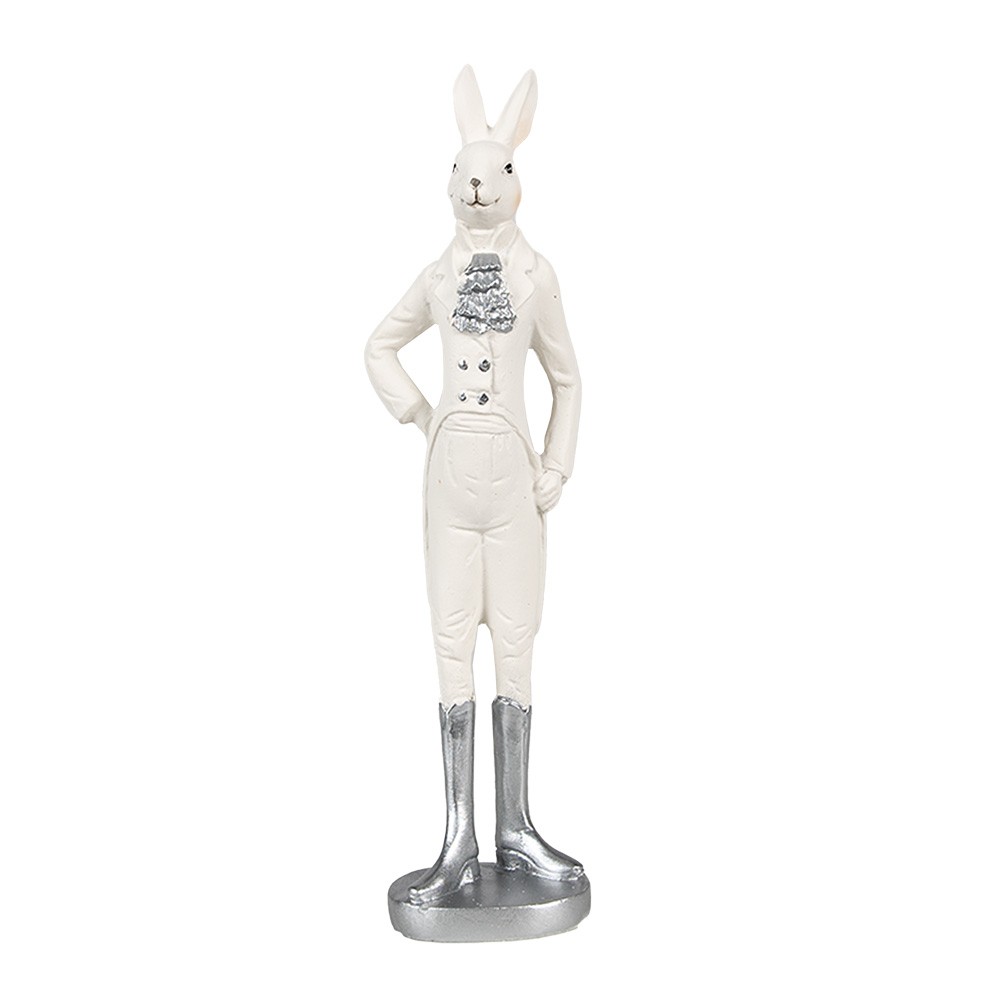 Bílá dekorace králík ve fraku a stříbrných botech - 5*4*20 cm Clayre & Eef