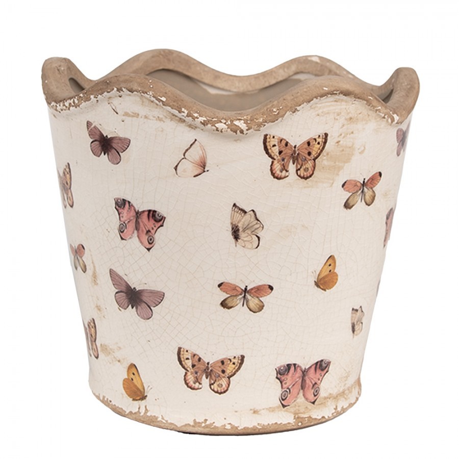 Béžový antik obal na květináč s motýlky Butterfly Paradise M - Ø 16*15 cm Clayre & Eef