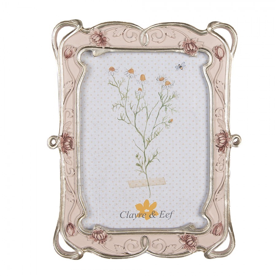 Pastelově růžový fotorámeček se zdobením a květy - 19*2*24 cm / 13*18 cm Clayre & Eef