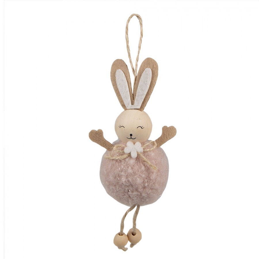 Růžový plyšový závěsný velikonoční králíček s kytičkou Magiccal - 7*4*15 cm Clayre & Eef