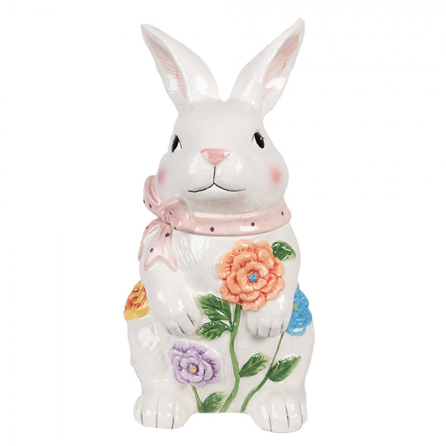 Bílá keramická úložná nádoba králík s květy - 16*15*29 cm Clayre & Eef