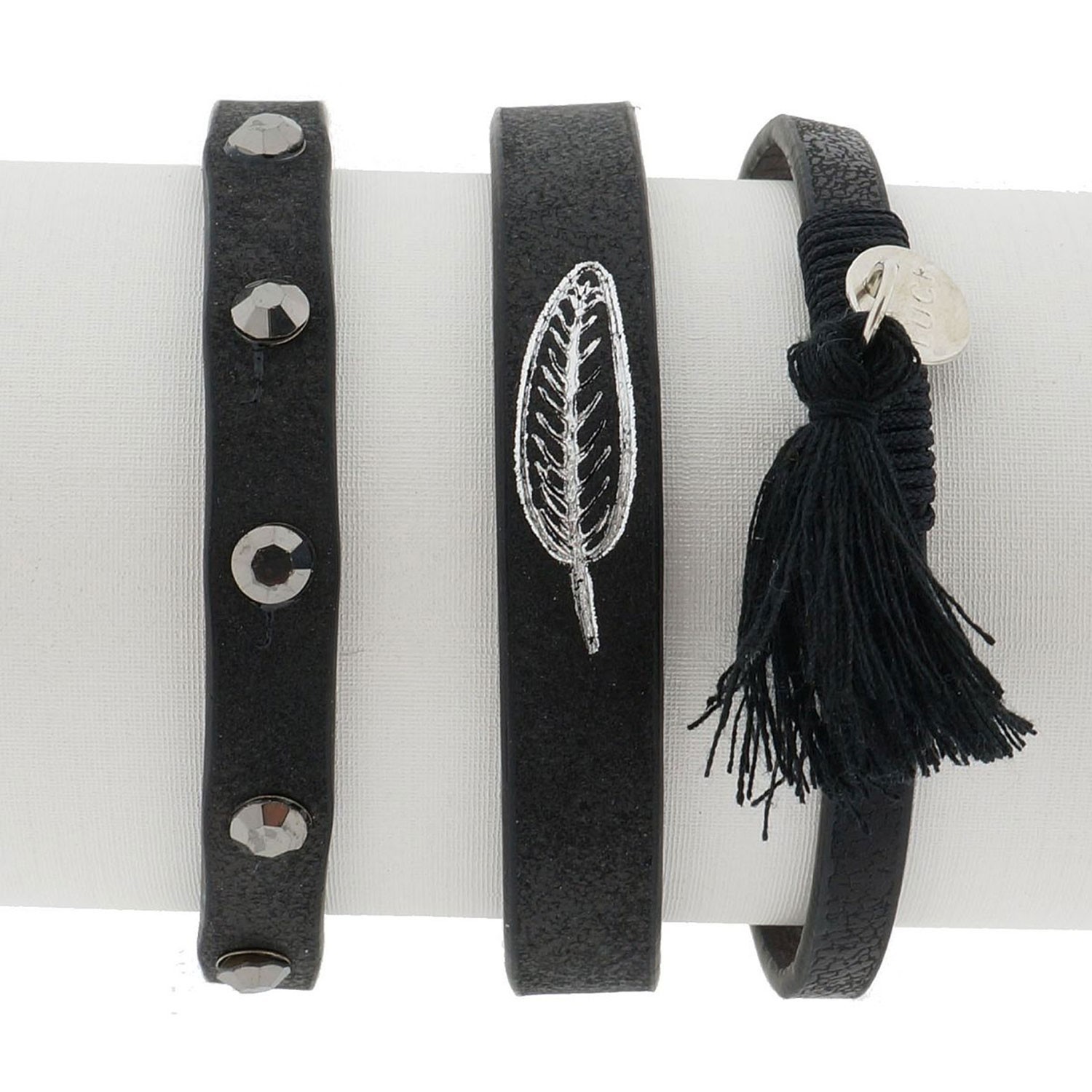 Černý koženkový náramek s pírkem a třásní - Ø 6-7 cm Clayre & Eef