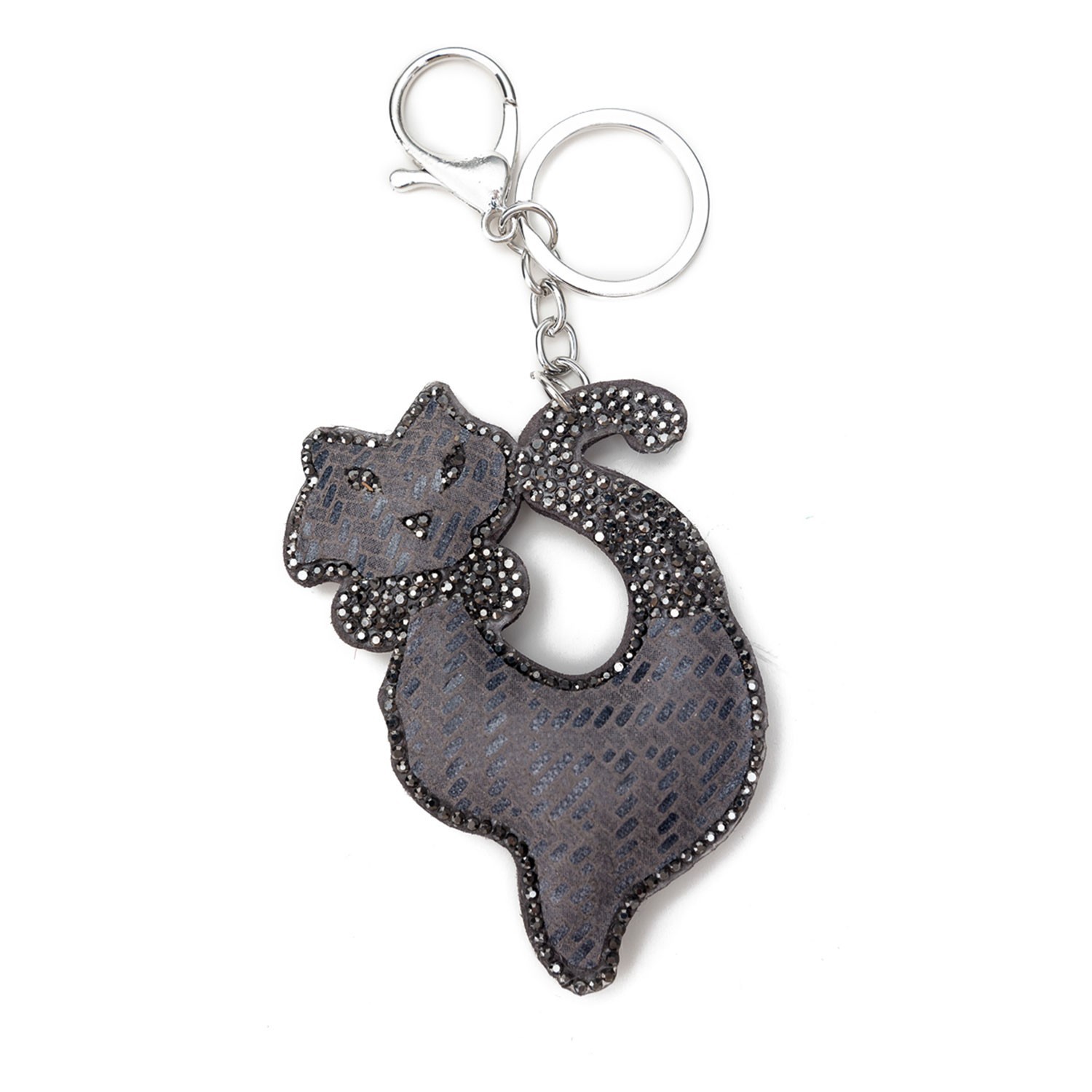 Šedý přívěšek na klíče kočka s kamínky - 5.5*7 cm Clayre & Eef