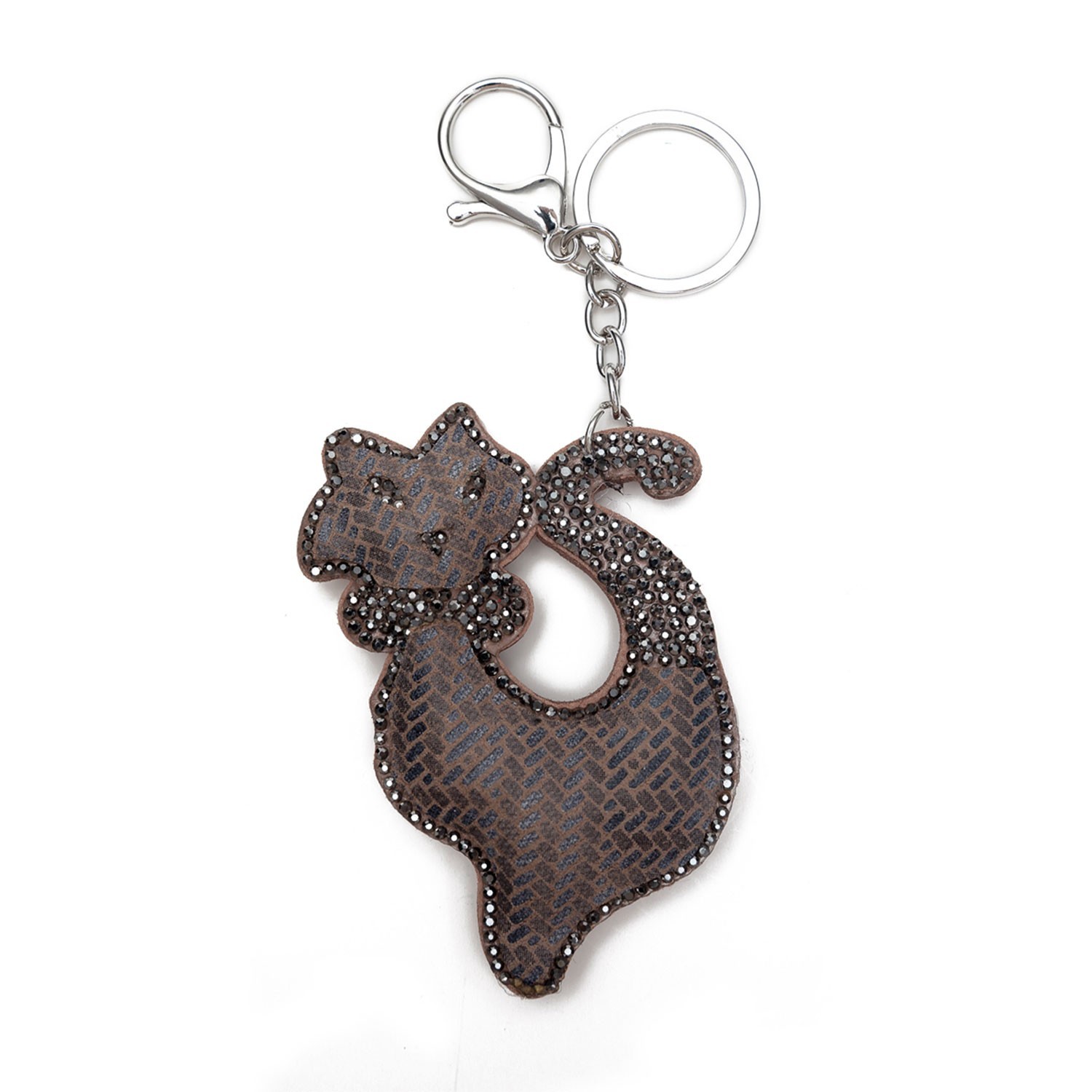 Hnědý přívěšek na klíče kočka s kamínky - 5.5*7 cm Clayre & Eef