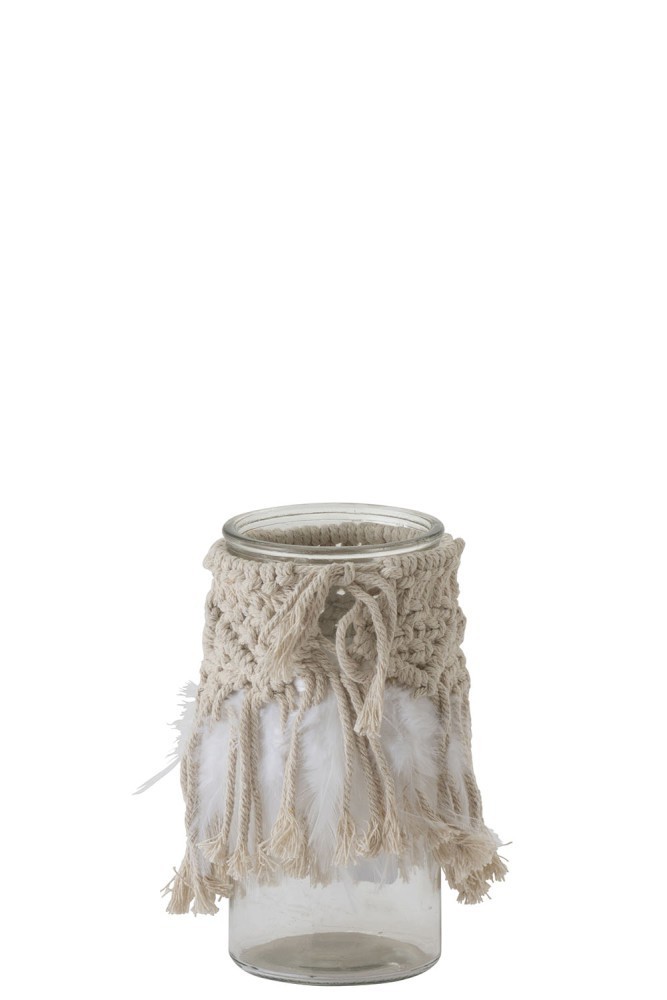Skleněný svícen Macrame na čajovou svíčku s béžovými provázky a peříčky- Ø 10*20 cm J-Line by Jolipa