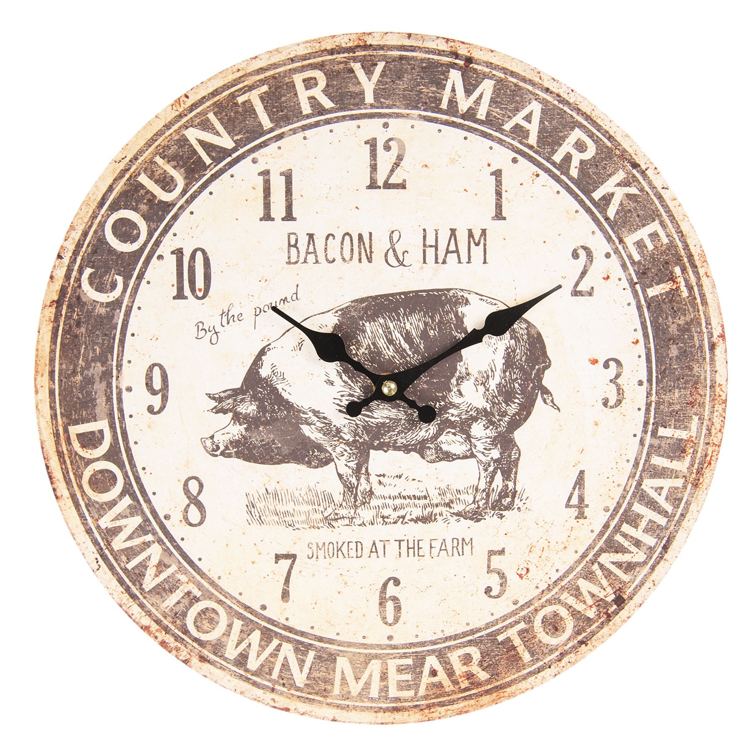 Vintage nástěnné hodiny s patinou Bacon & Ham - Ø 34*3 cm / 1*AA Clayre & Eef