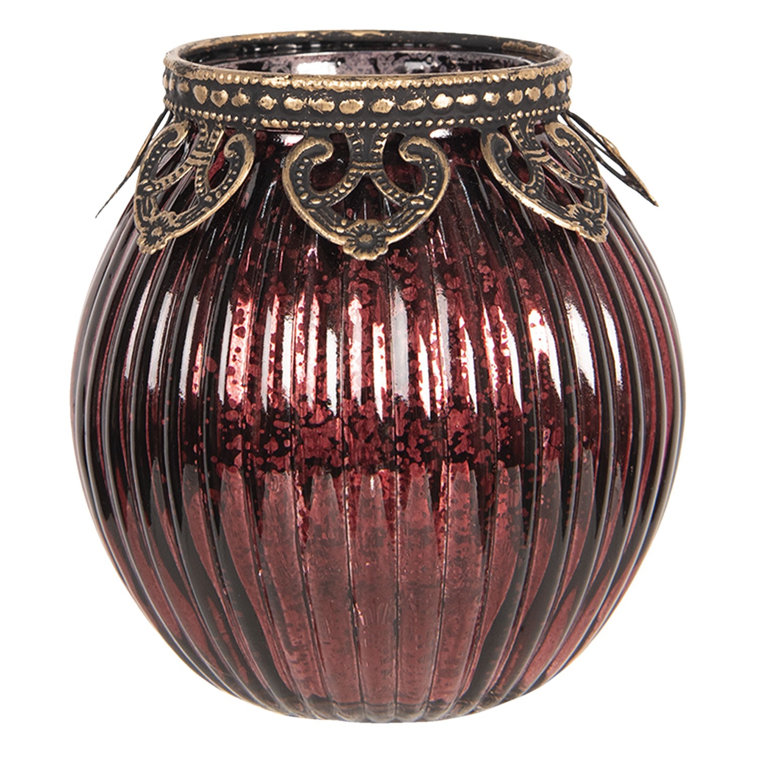 Červený skleněný svícen na čajovou svíčku s kovovým zdobením - Ø  9*9 cm Clayre & Eef
