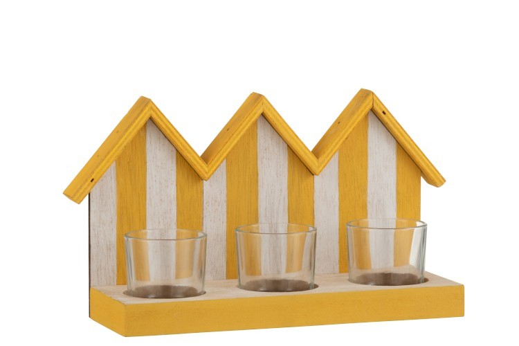 Dřevěný svícen žluto bílé plážové domečky se třemi skleněnými miskami na čajovou svíčku - 25,5*8,5*15 cm J-Line by Jolipa