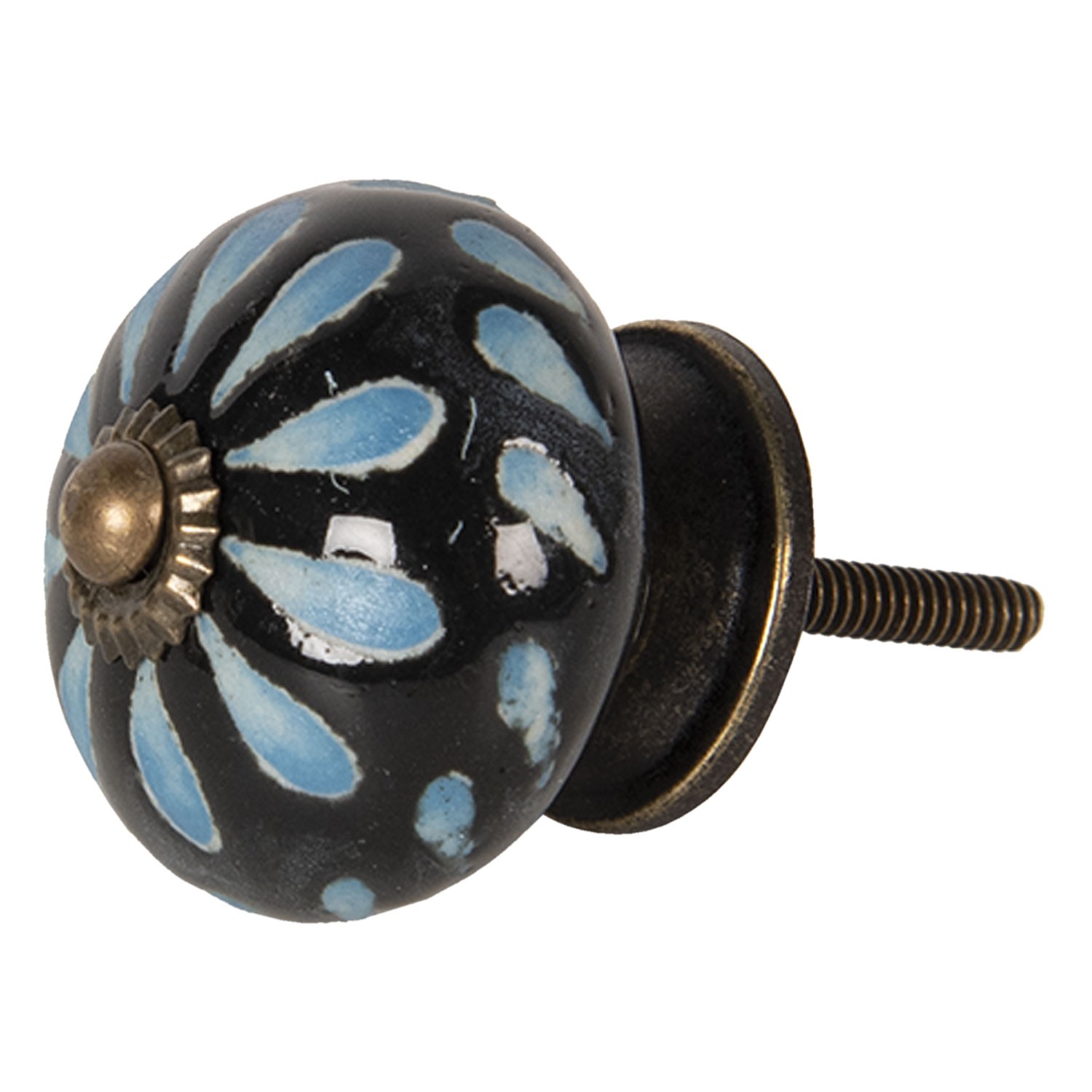 Černá keramická knopka s modrými lístky – Ø 4*4 cm Clayre & Eef