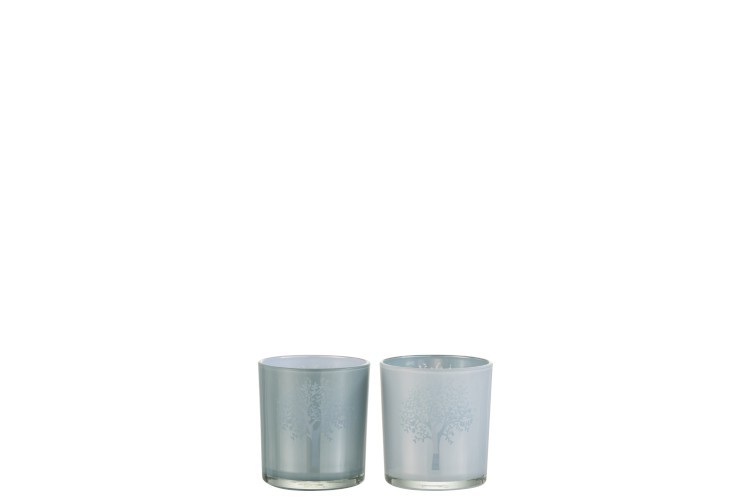 2ks skleněné svícny na čajovou svíčku s motivem stromu modrý/bílý  - Ø 7 *8 cm J-Line by Jolipa