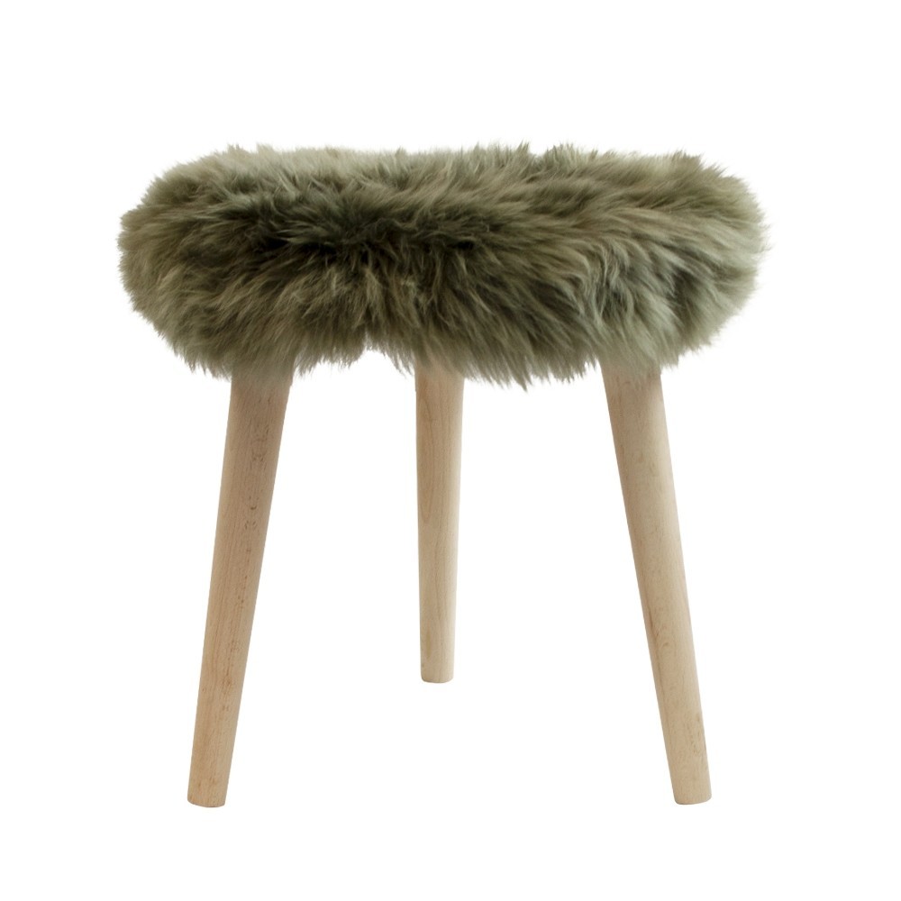 Dřevěná kulatá stolička se šedo - zeleným sedákem z ovčí kůže - Ø 36*45cm Mars & More