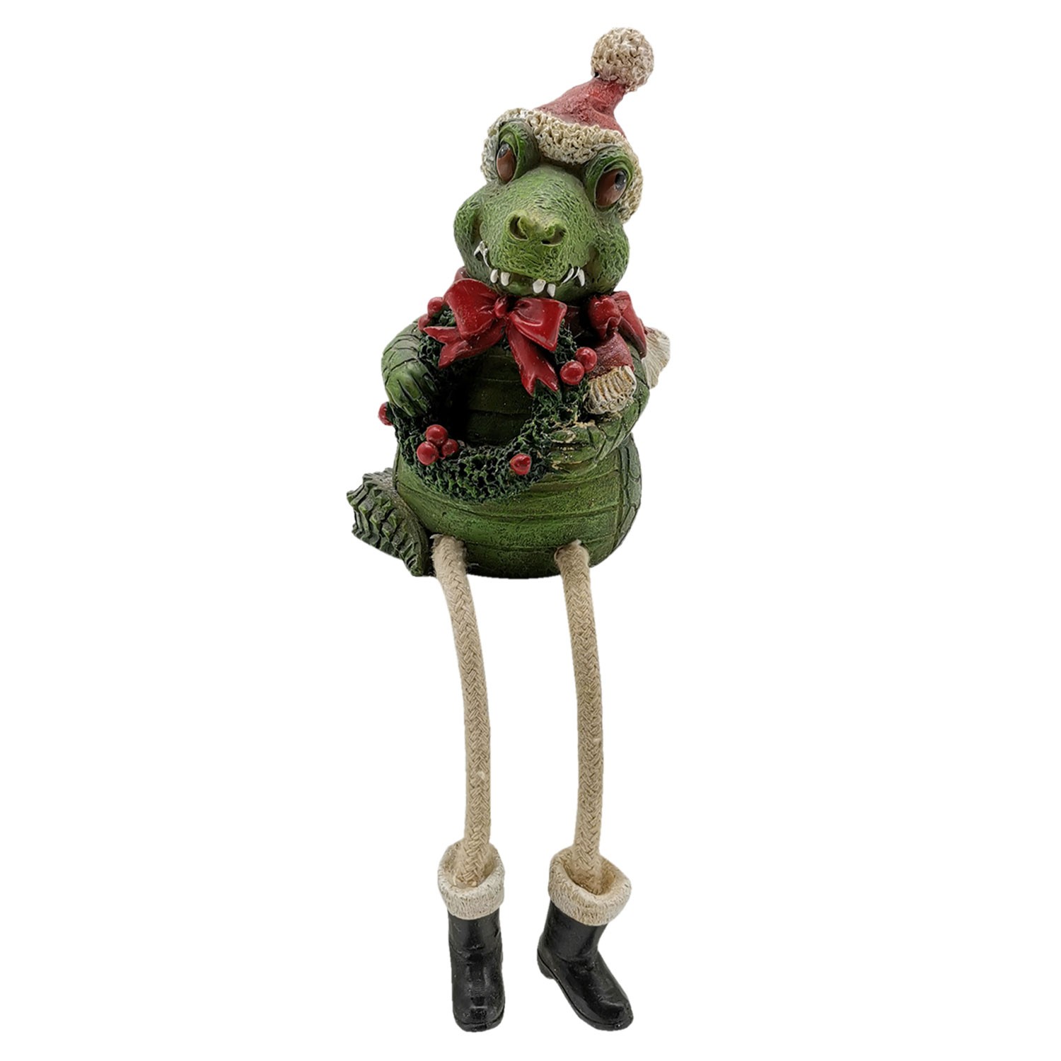 Vánoční dekorativní soška krokodýla s čepicí a vánočním věncem - 7*7*12 cm Clayre & Eef