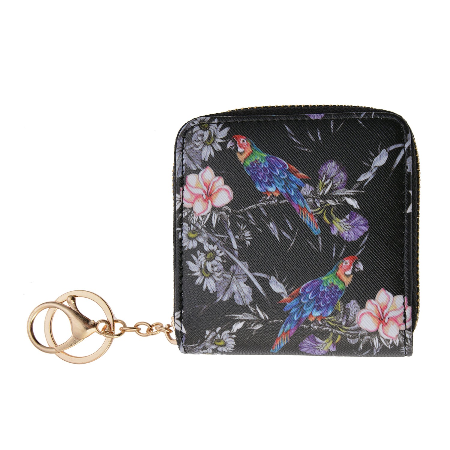 Malá černá peněženka s květy a papoušky Papagay - 10*10 cm Clayre & Eef