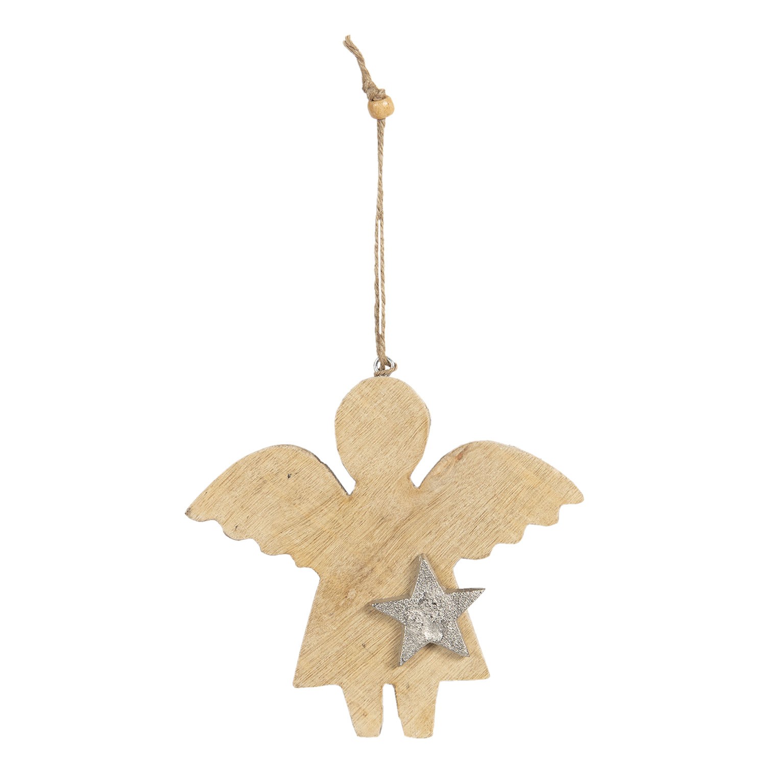 Závěsný dřevěný anděl s hvězdou - 14*2*15 cm Clayre & Eef