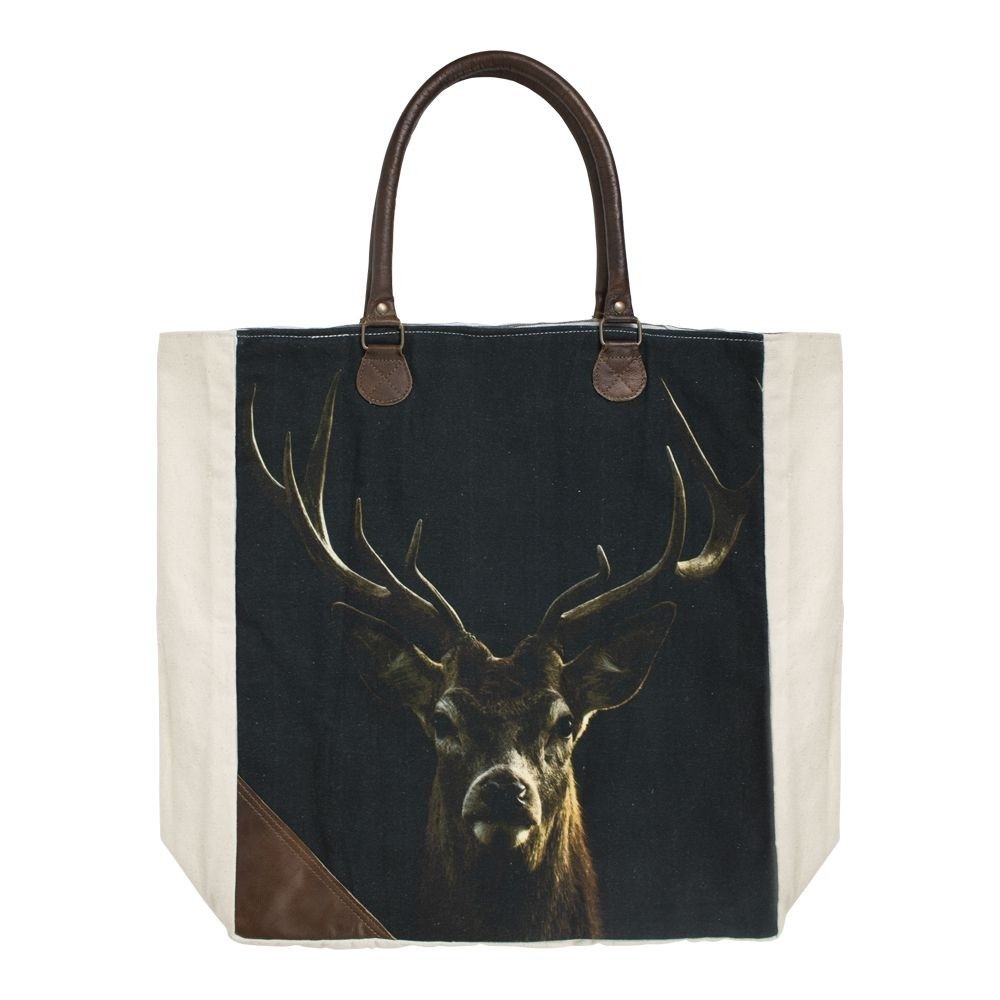 Bavlněno-kožený shopper s jelenem Black Deer - 40*44*12cm Mars & More