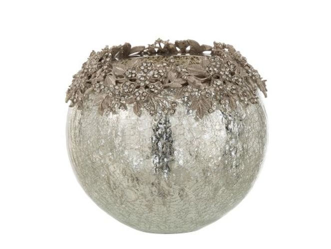 Skleněný svicen na čajovou svíčku se stříbrným zdobením a kamínky Luxy - Ø  16*15cm J-Line by Jolipa