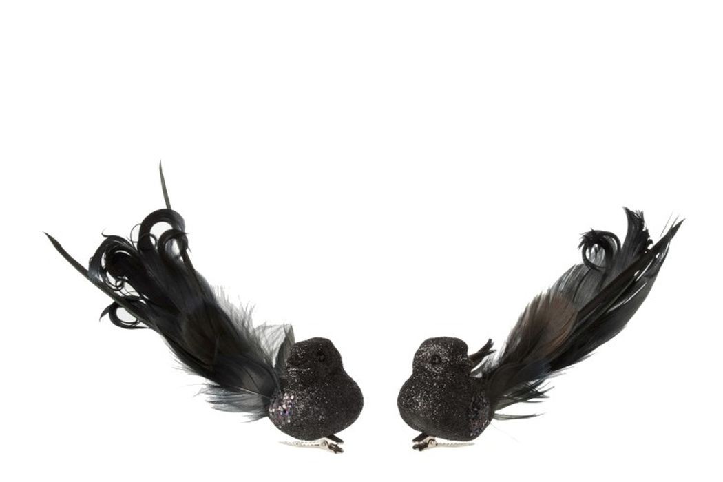 2ks černá třpytivá ozdoba ptáček s peříčky  - 15*7*5cm  J-Line by Jolipa