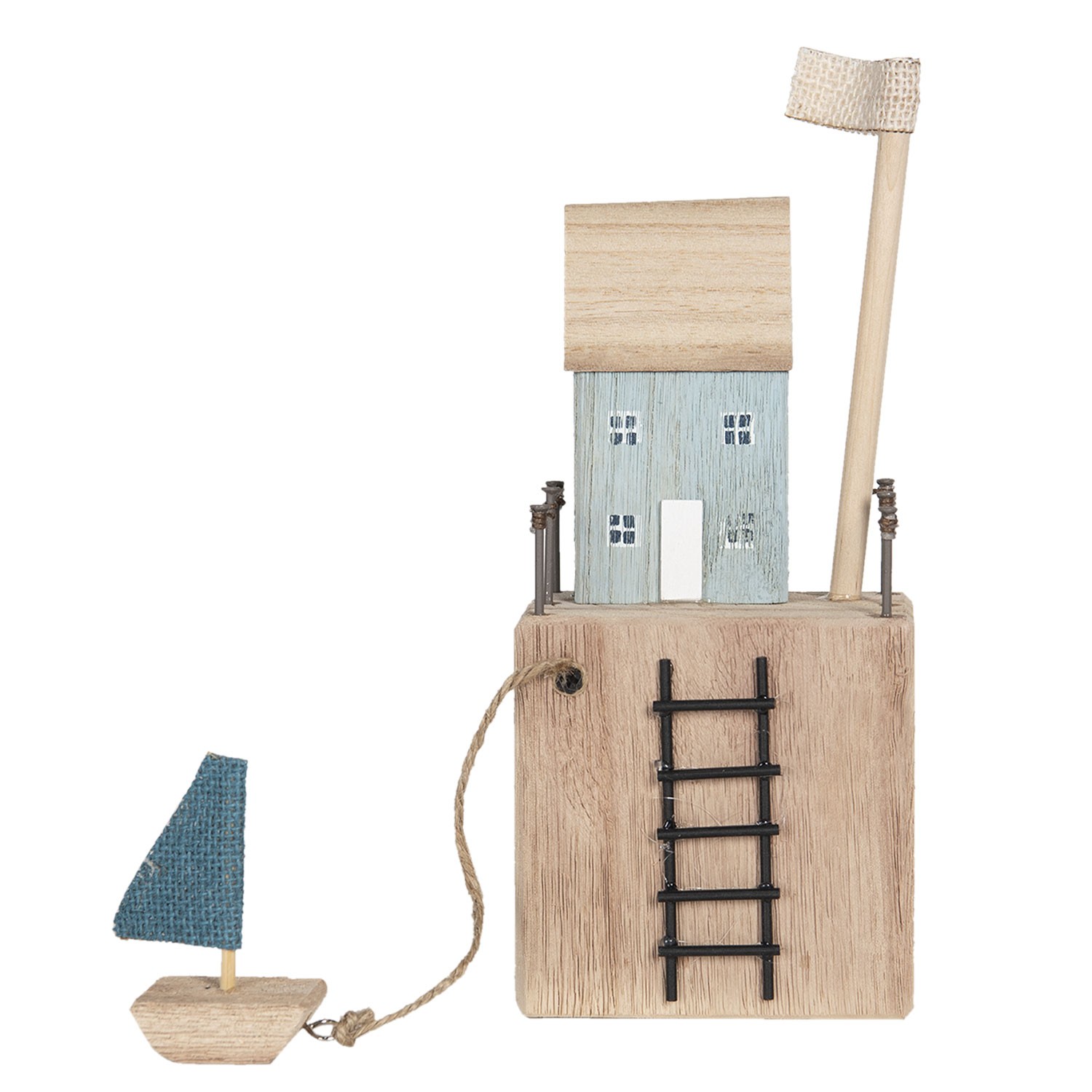 Dřevěná dekorace domku s loďkou - 11*7*11/27 cm Clayre & Eef