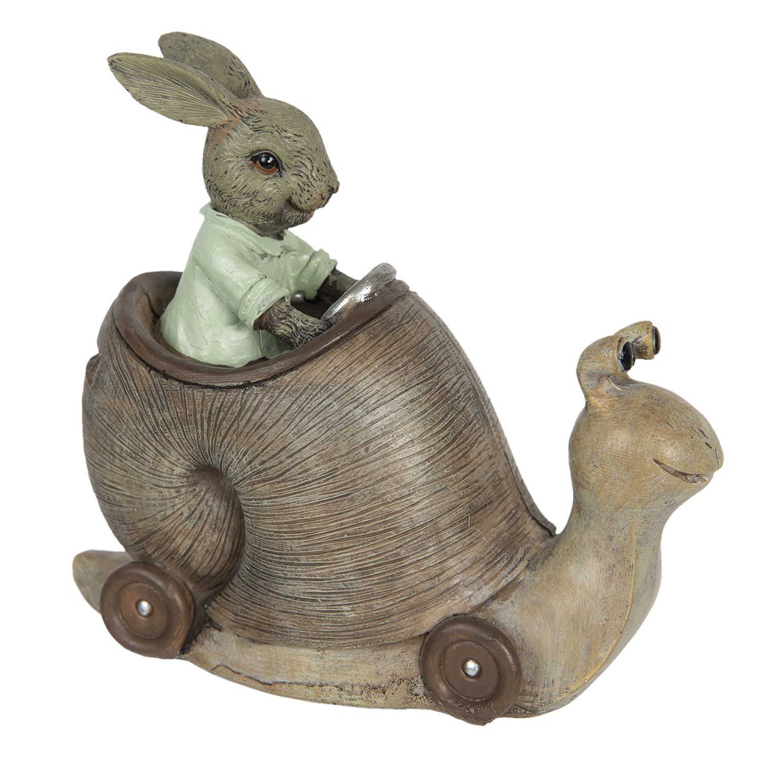 Kasička v designu králíka jedoucího na šnekovi - 15*7*13 cm Clayre & Eef