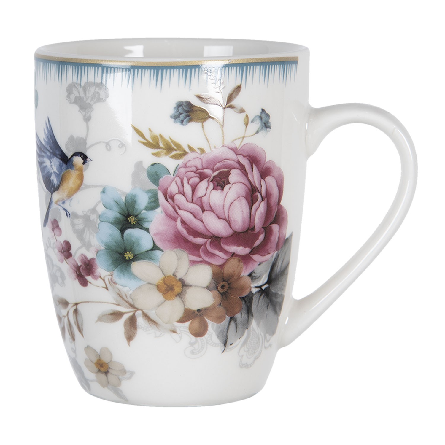 Velký porcelánový hrnek s motivem květin a ptáčka Pivoine - 12*8*10 cm / 0,36 l Clayre & Eef