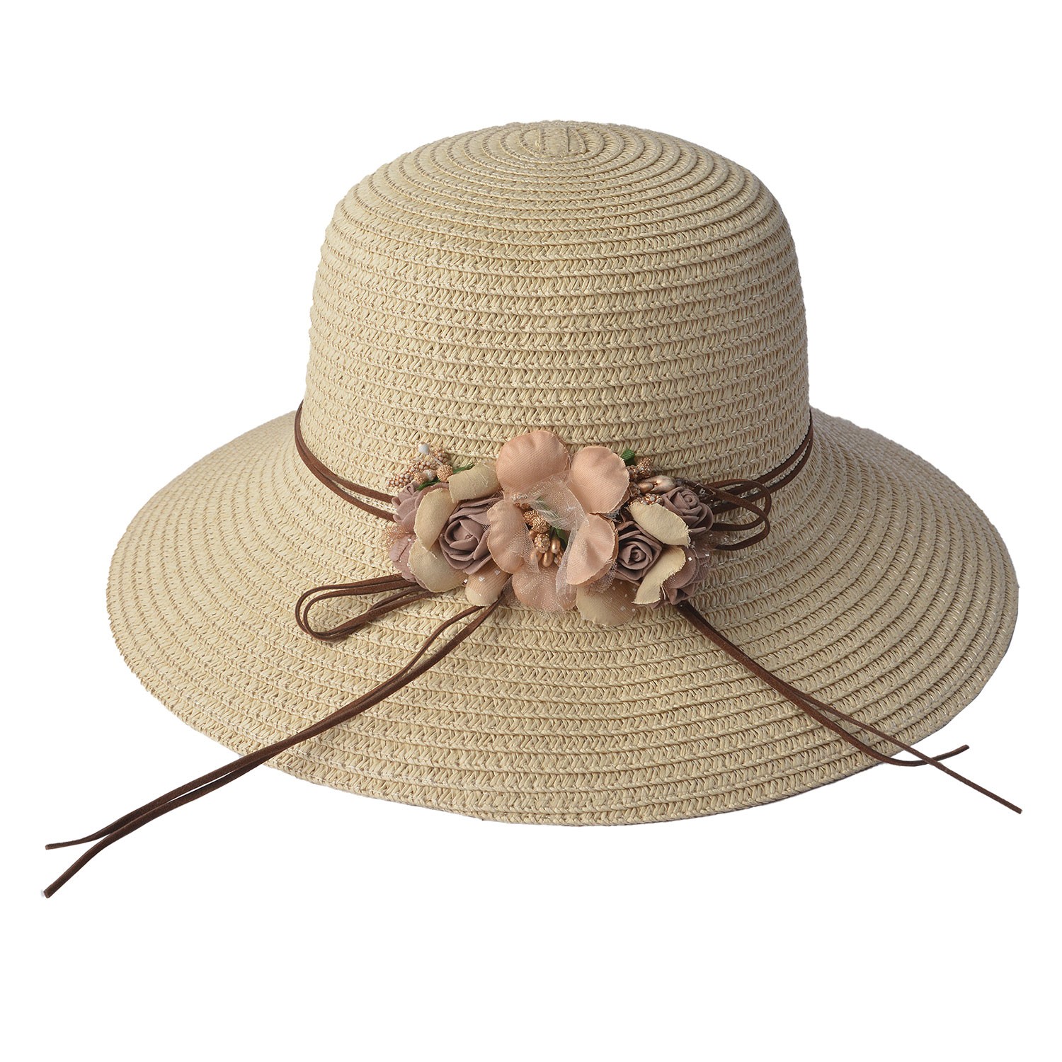 Přírodní klobouk s hnědou ozdobnou květinou - Ø 34 cm Clayre & Eef